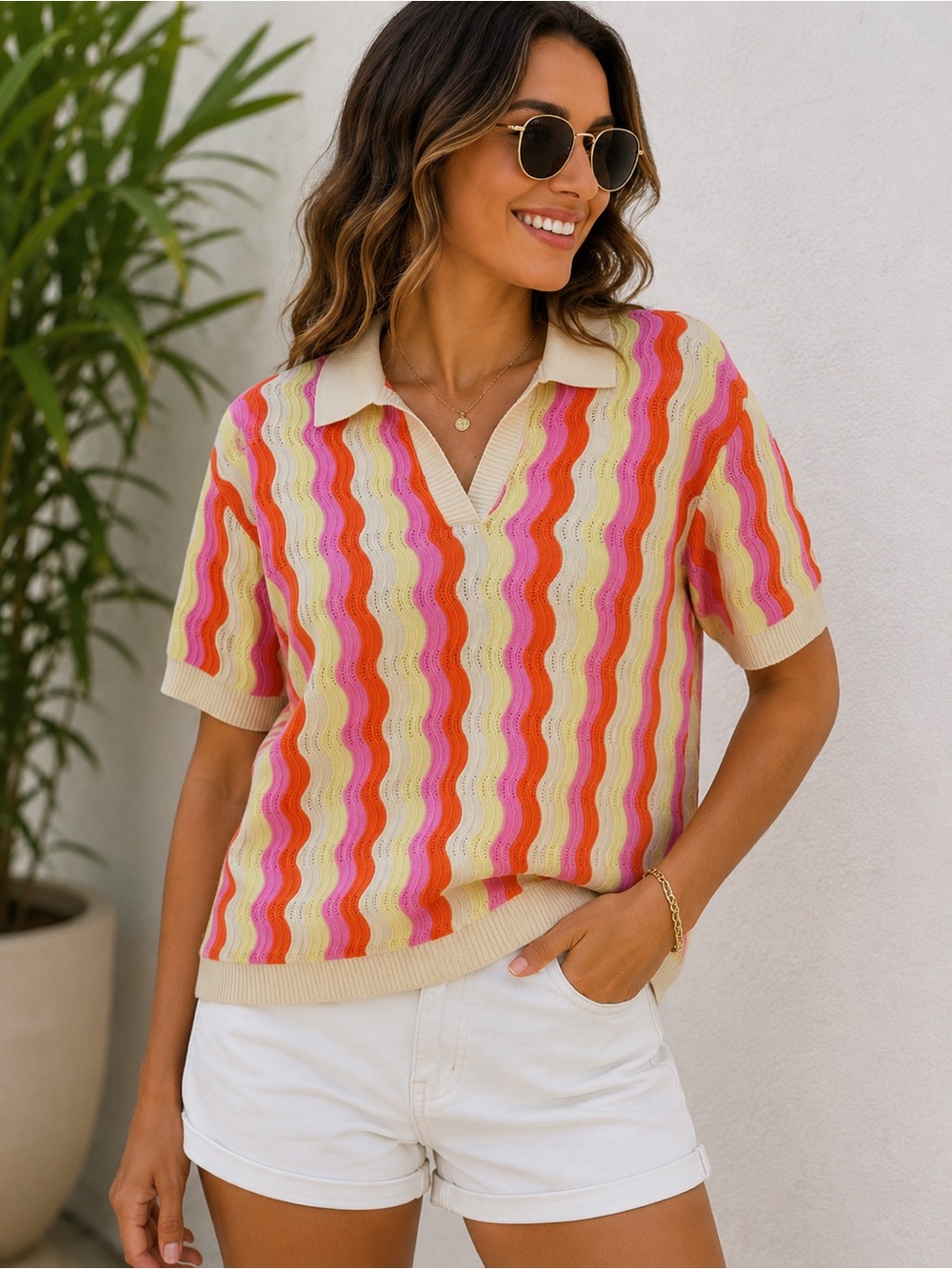 THML Wavy Stripe Knit Polo Sweater Pink Orange Yellow Collared Short Sleeve M